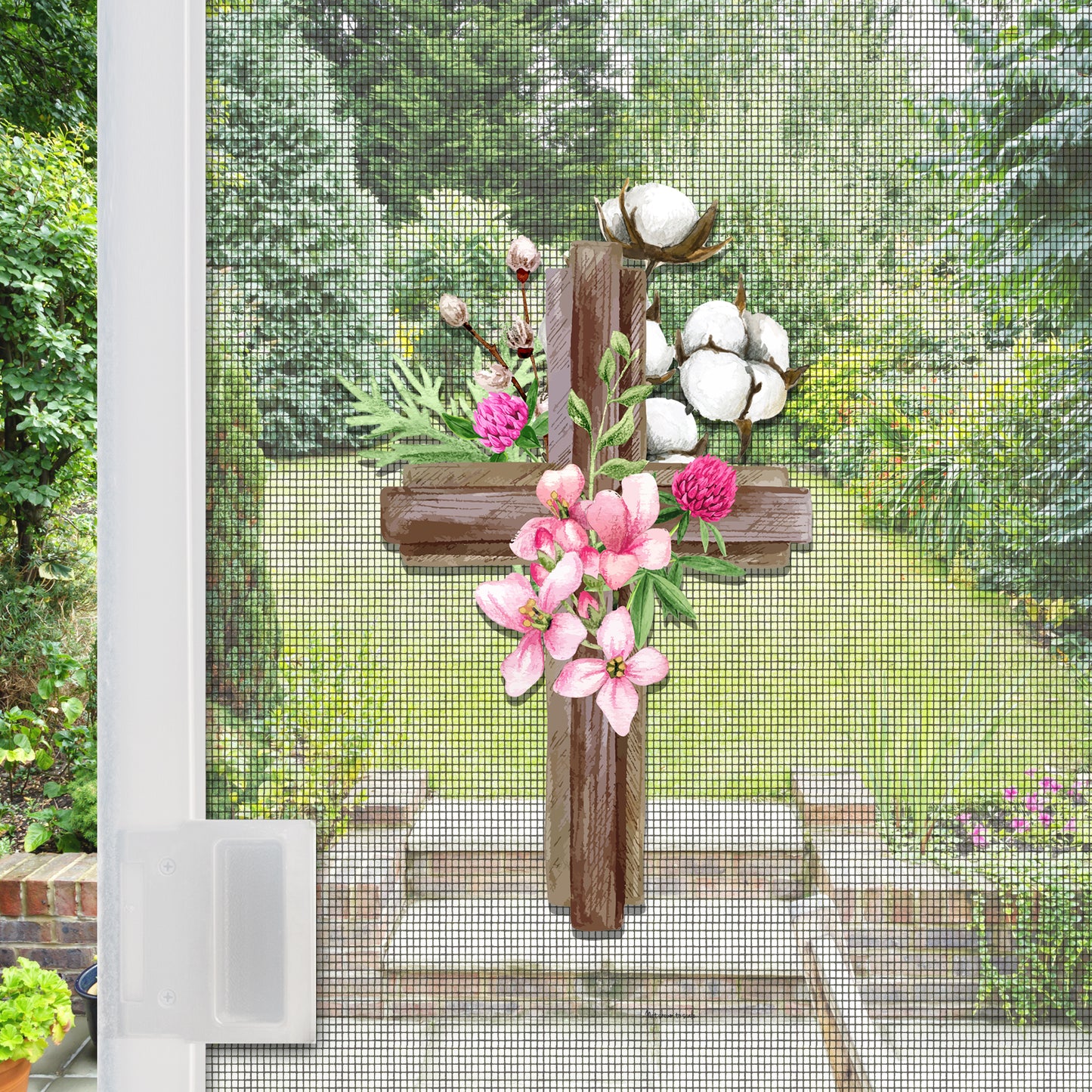CLEARANCE Acrylic Screen Door Magnets (Not for Retractable/Glass) - Cross Pink Floral