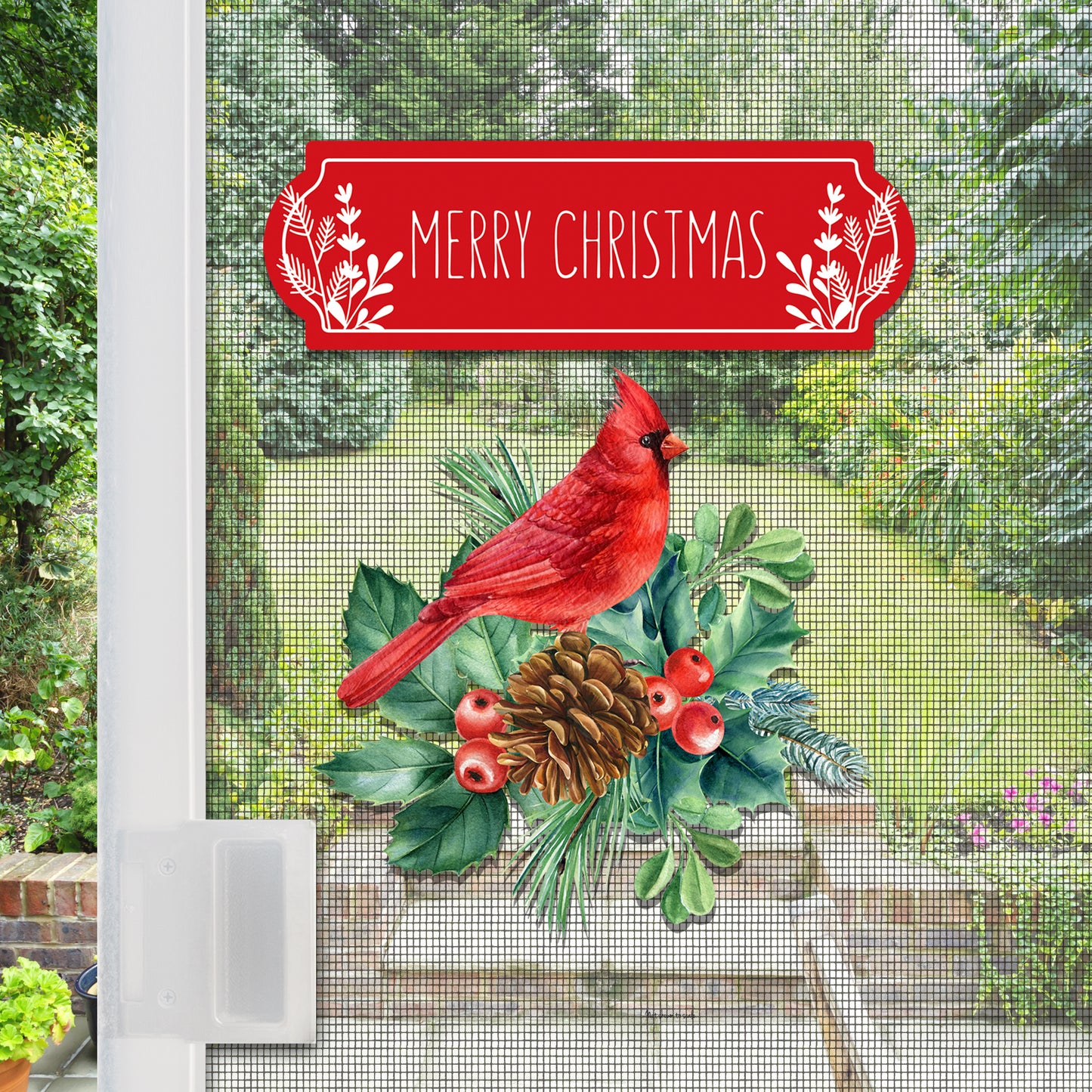 Decorations for Screen Windows & Doors (Set of 4) - Merry Christmas + Red Cardinal