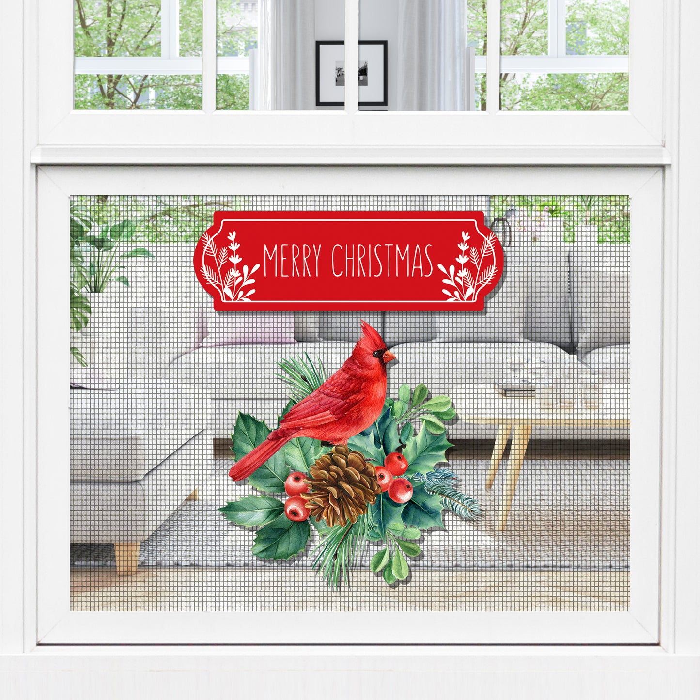 Decorations for Screen Windows & Doors (Set of 4) - Merry Christmas + Red Cardinal