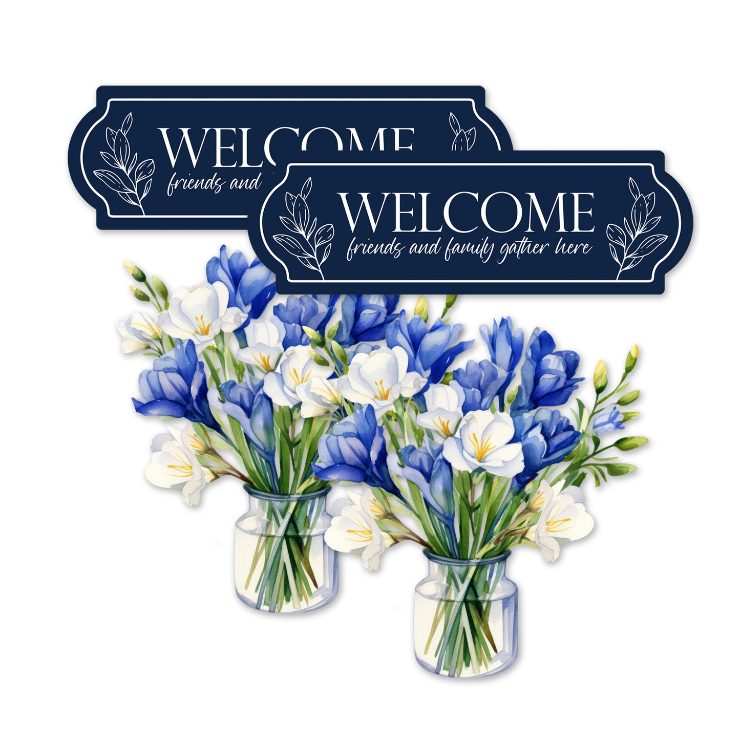 Decorations for Screen Windows & Doors (Set of 4) - Welcome Navy + (Small) Blue Bouquet