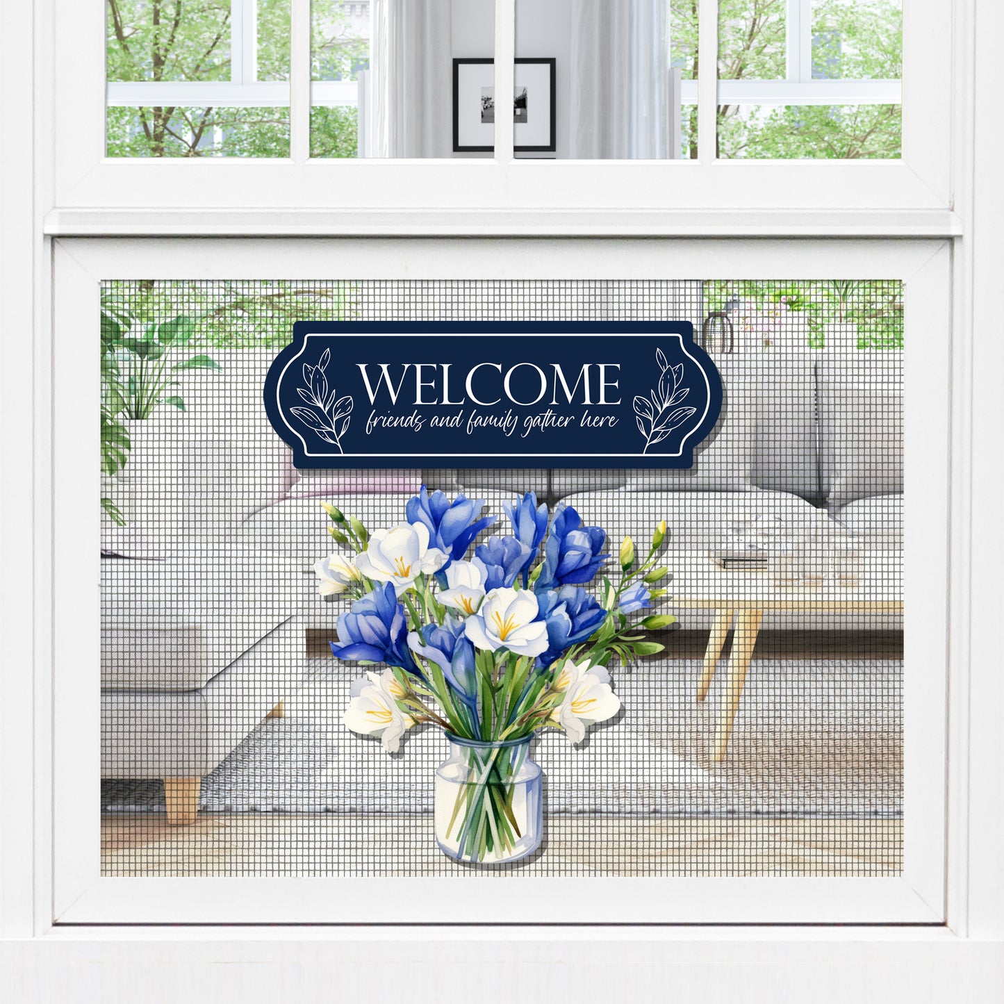 Decorations for Screen Windows & Doors (Set of 4) - Welcome Navy + (Small) Blue Bouquet