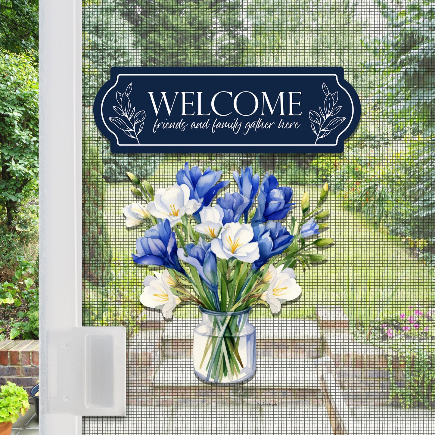 Decorations for Screen Windows & Doors (Set of 4) - Welcome Navy + (Small) Blue Bouquet