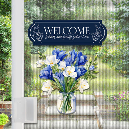 Decorations for Screen Windows & Doors (Set of 4) - Welcome Navy + (Small) Blue Bouquet